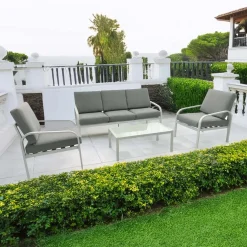 Salotto da giardino Lounge in alu bianco con cuscini 5 posti