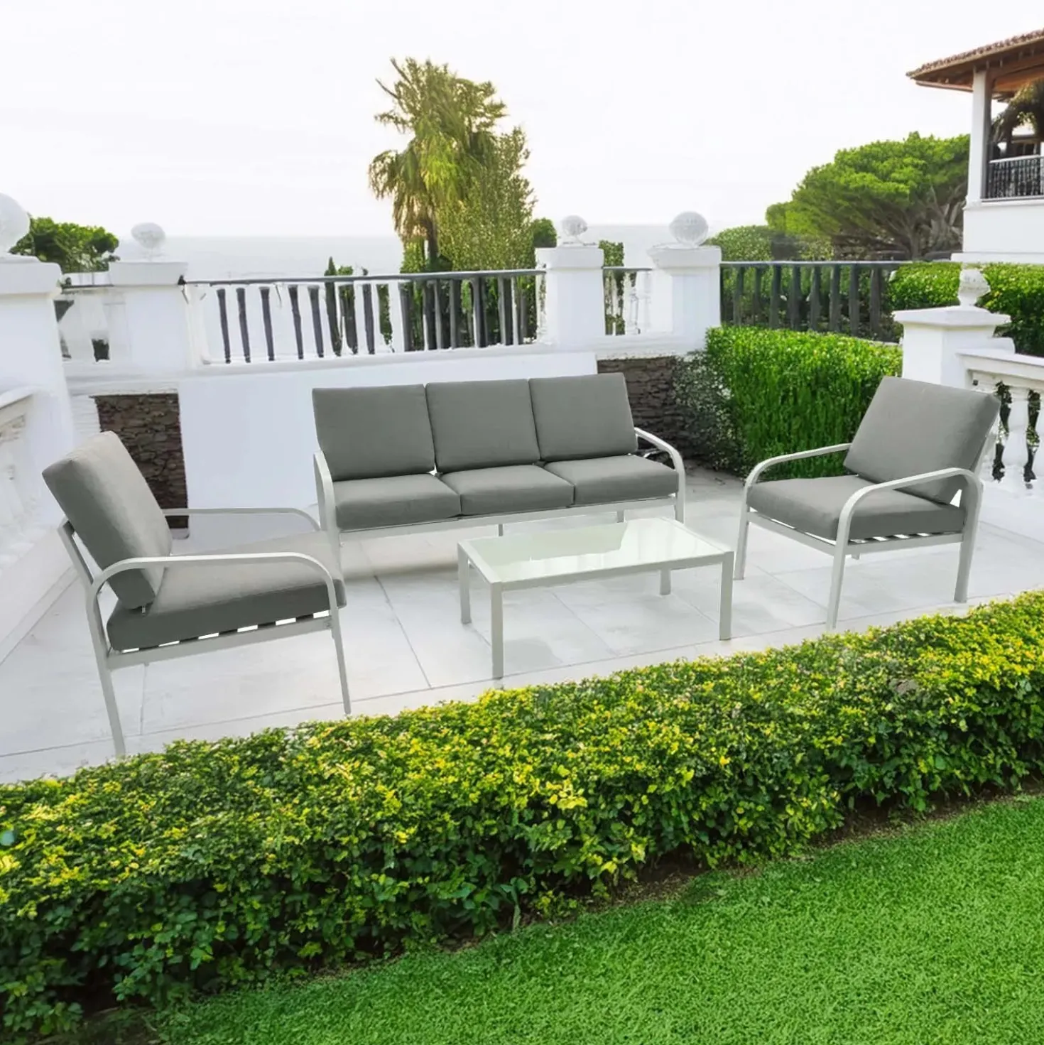 Salotto da giardino Lounge in alu bianco con cuscini 5 posti