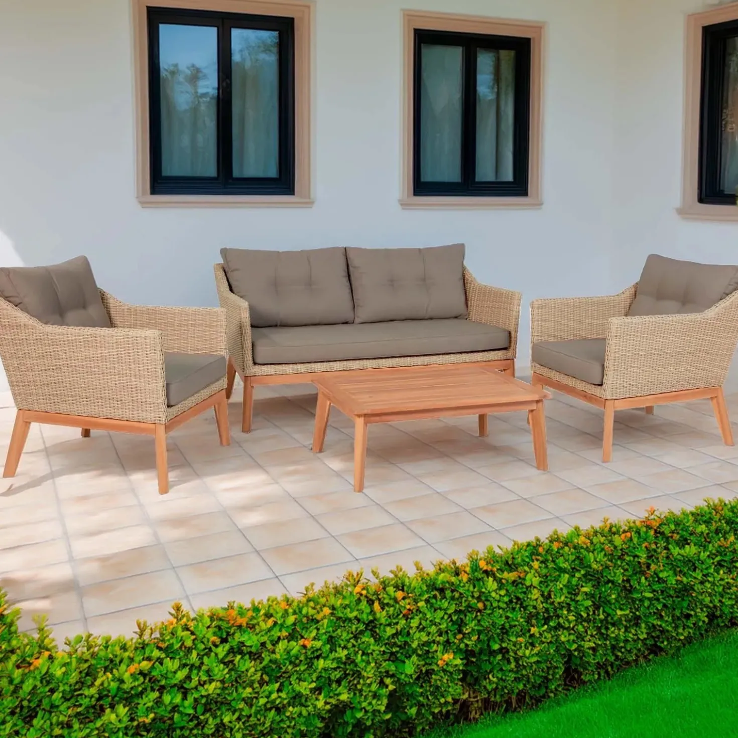 Salotto da giardino Nanaimo in vimini beige 4 posti