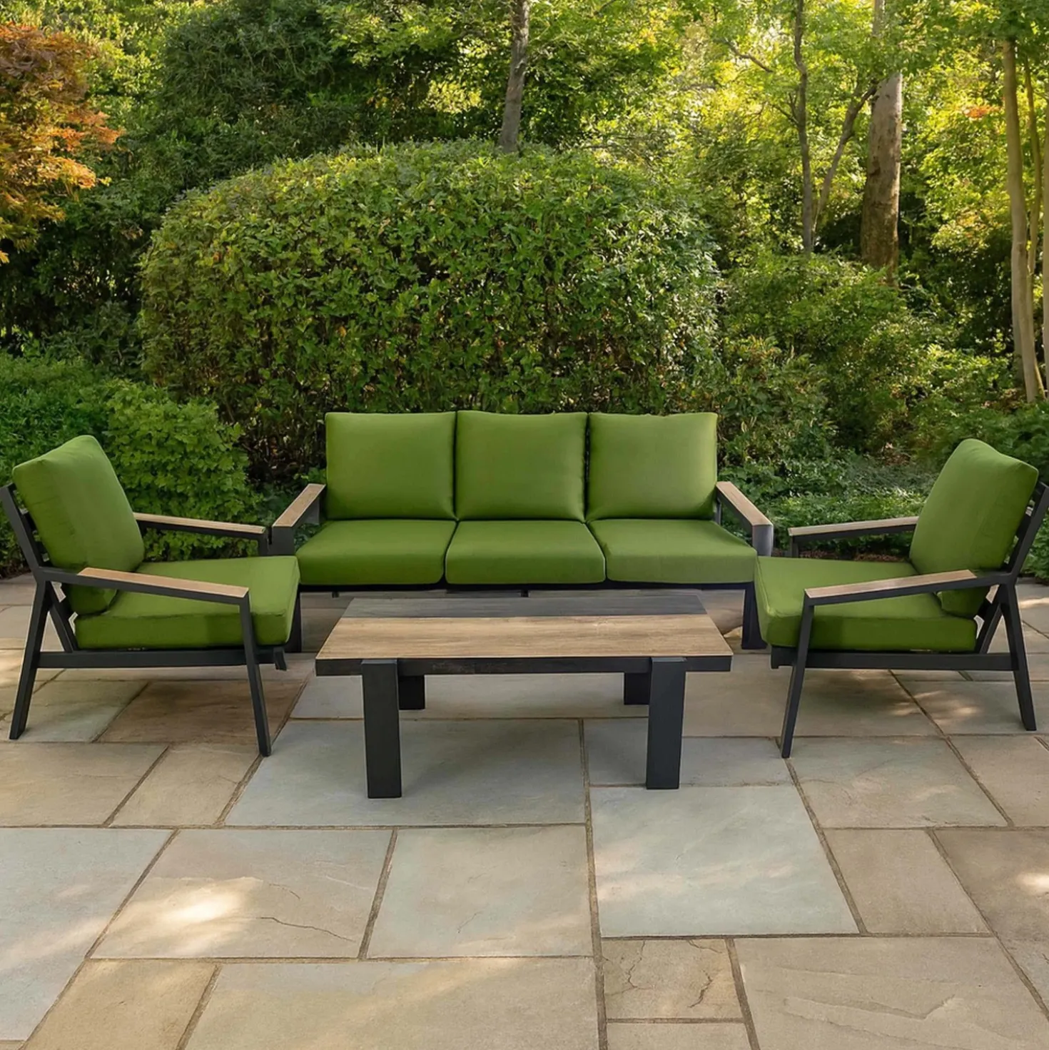 Salotto da giardino Riverside in alluminio con cuscini antracite verde 3 posti