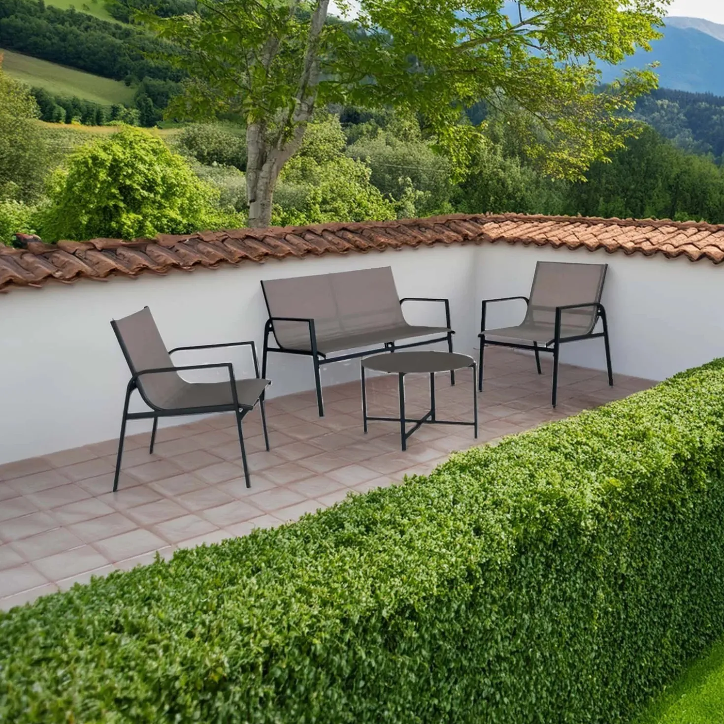 Salotto da giardino Tapena in acciaio e textilene nero 4 posti