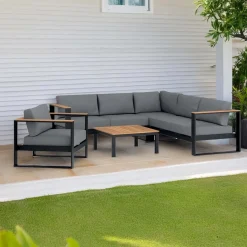 Salotto da giardino Walmsley in legno e alluminio nero-grigio 6 posti