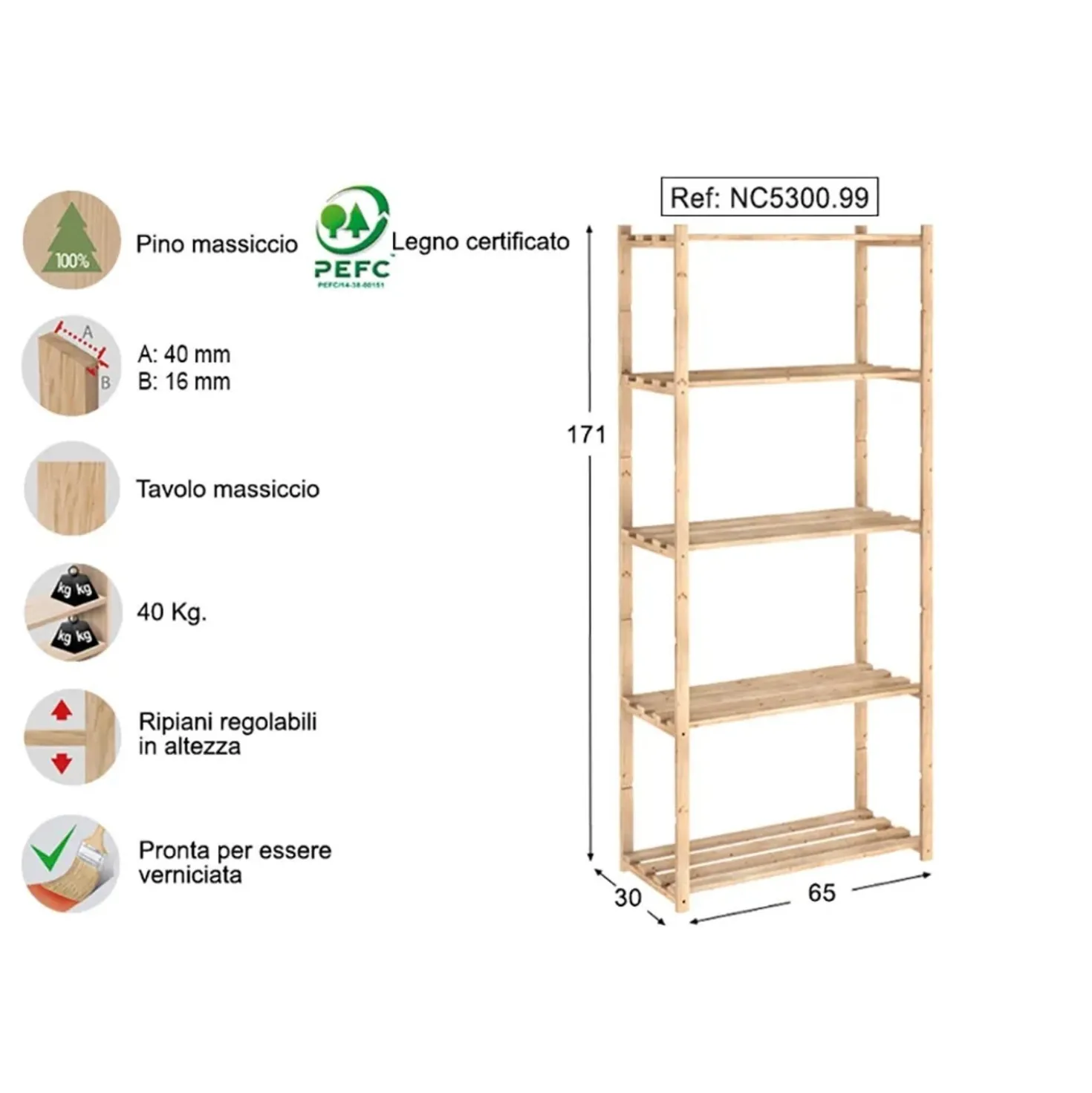 Scaffale in legno Natura 5 ripiani 171x65x30 cm 40 kg/ripiano