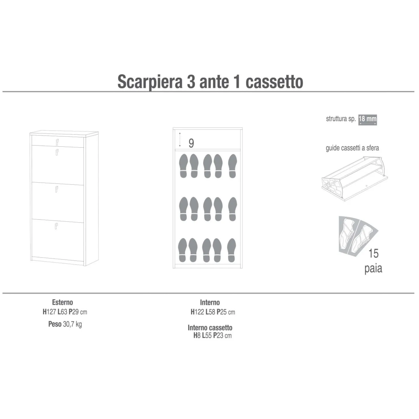 Scarpiera in kit Sarmog 3 ante 1 cassetto 127x63x29 cm 15 paia bianco
