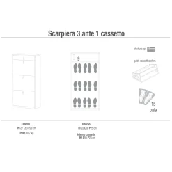Scarpiera in kit Sarmog 3 ante 1 cassetto 127x63x29 cm 15 paia noce
