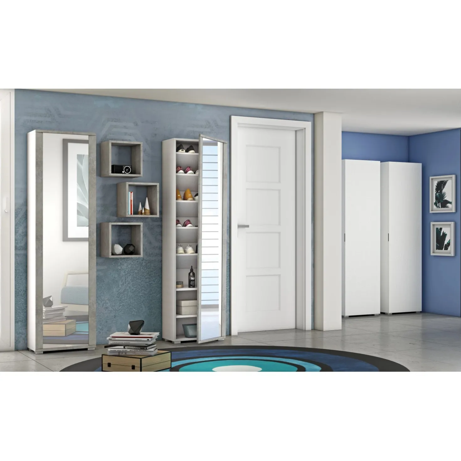 Scarpiera multiuso con specchio 7 ripiani 182x50x31 cm bianco cemento