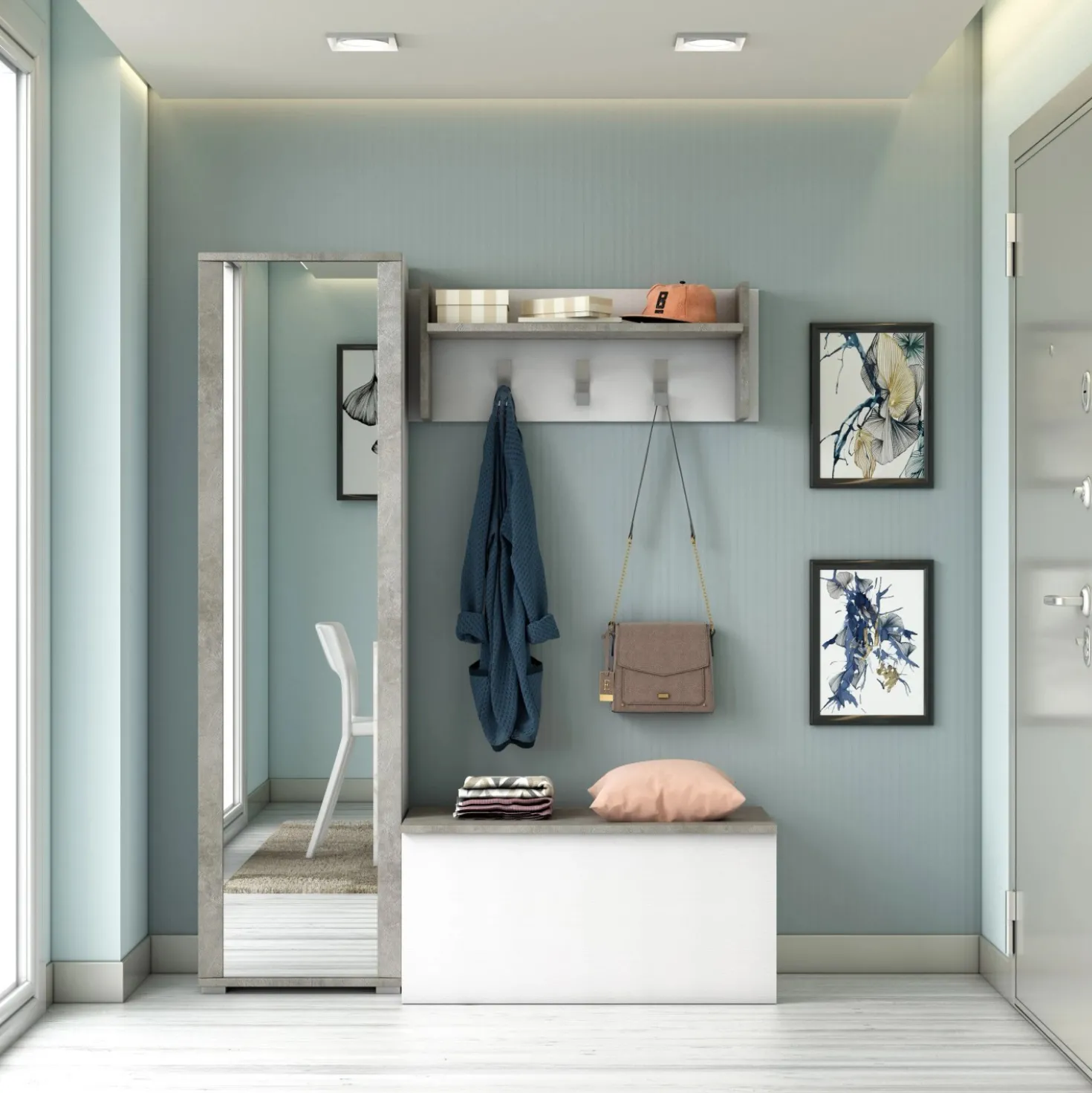 Scarpiera multiuso con specchio 7 ripiani 182x50x31 cm bianco cemento