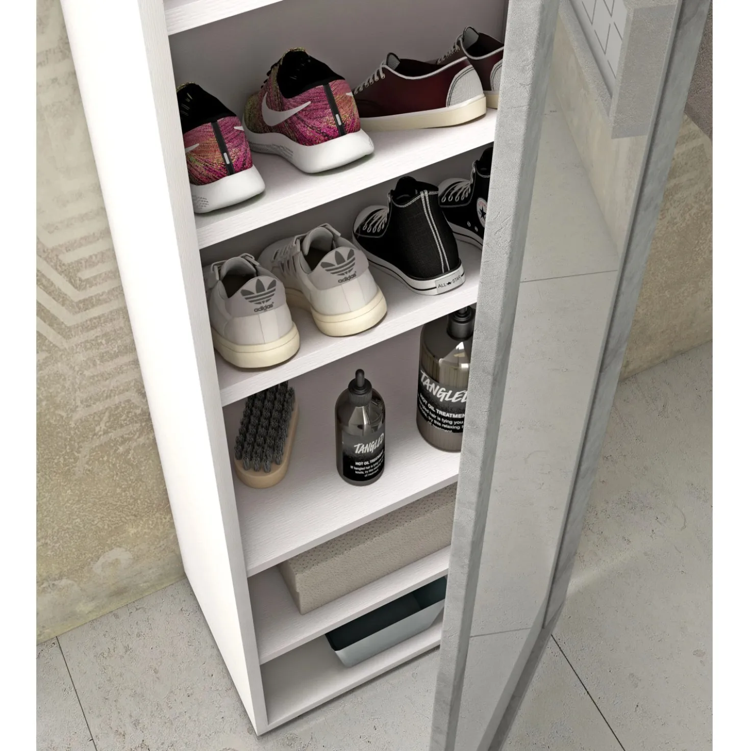 Scarpiera multiuso con specchio 7 ripiani 182x50x31 cm bianco cemento