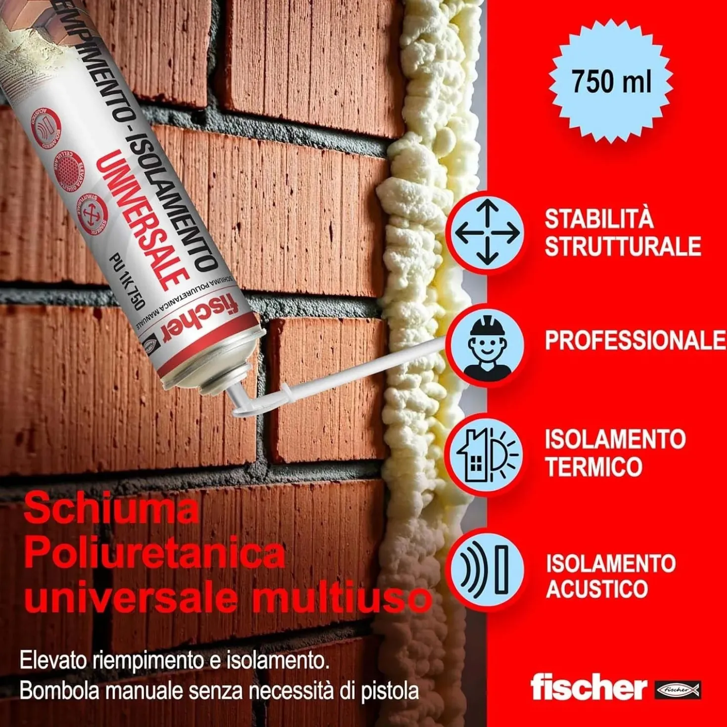 Schiuma poliuretanica spray universale Fischer Bi-pack 2x750 ml
