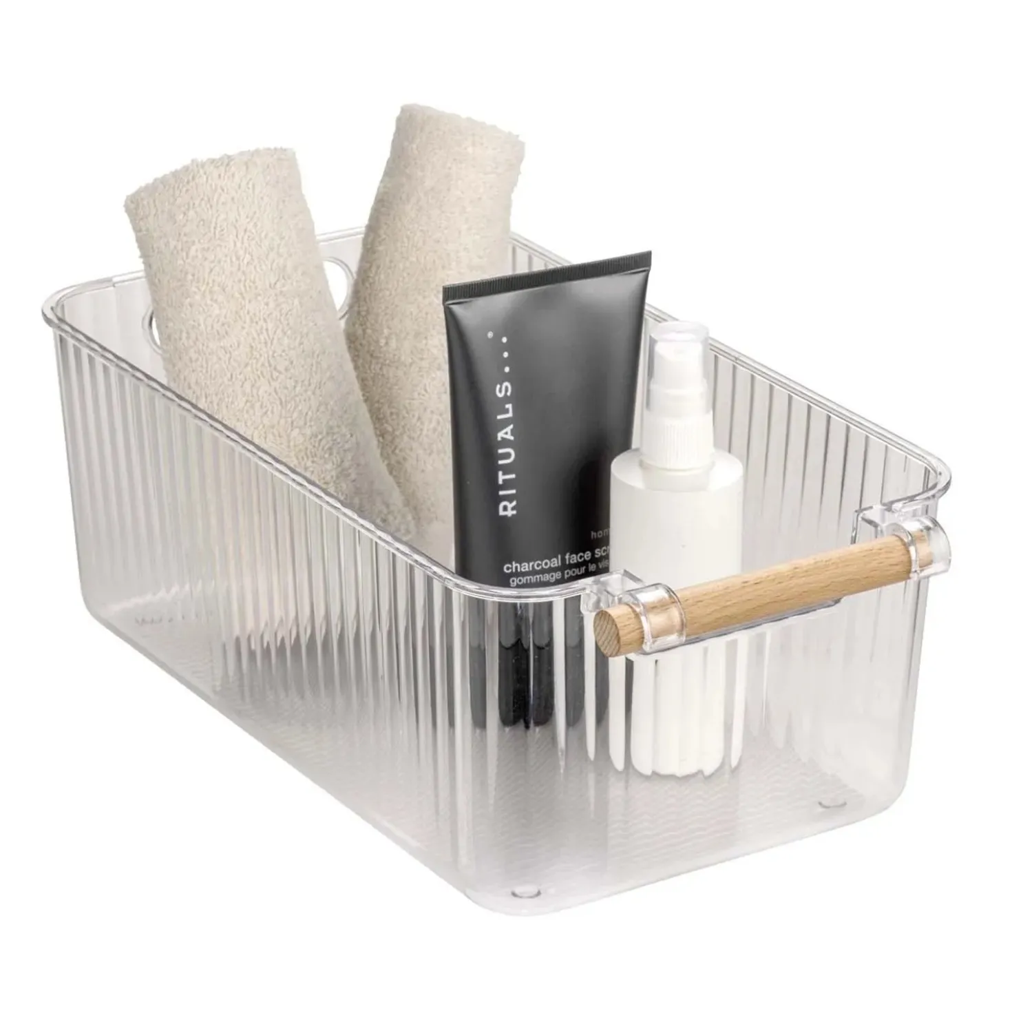 Set 3 contenitori bagno in PET Nantes con manico in legno FSC