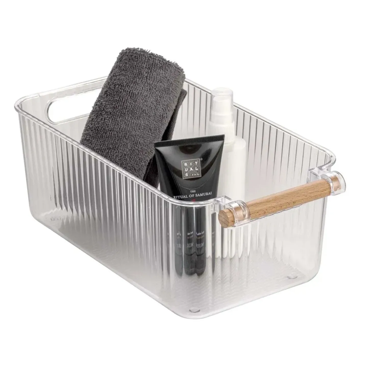 Set 3 contenitori bagno in PET Nantes con manico in legno FSC