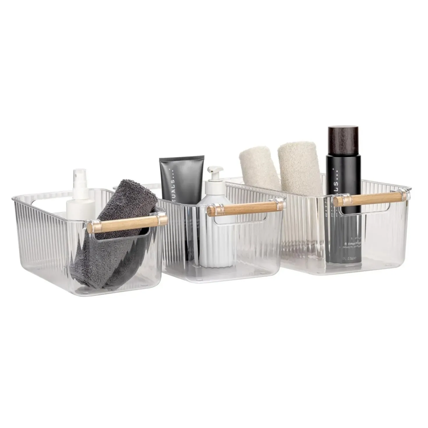 Set 3 contenitori bagno in PET Nantes con manico in legno FSC