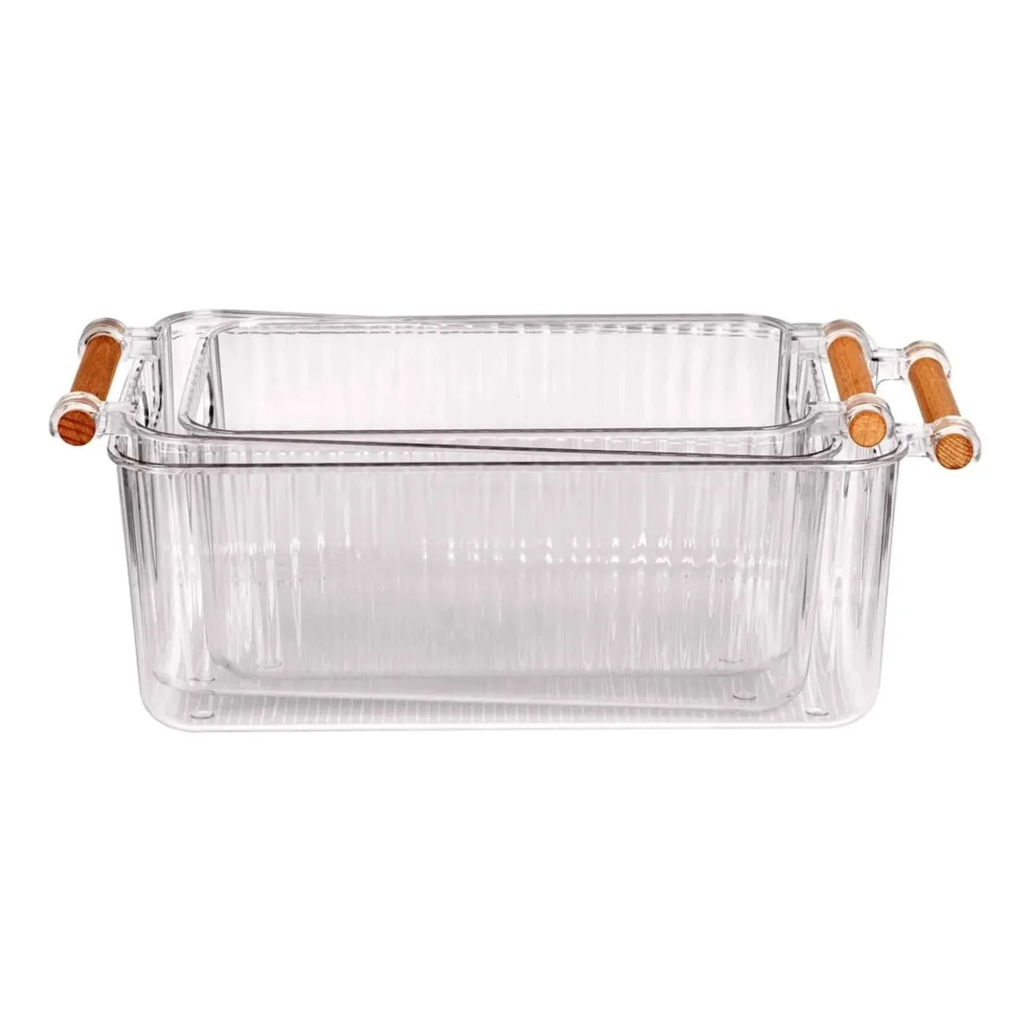Set 3 contenitori bagno in PET Nantes con manico in legno FSC