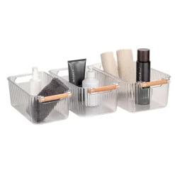 Set 3 contenitori bagno in PET Nantes con manico in legno FSC