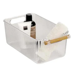 Set 3 contenitori bagno in PET Nantes con manico in legno FSC