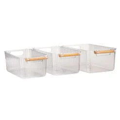 Set 3 contenitori bagno in PET Nantes con manico in legno FSC
