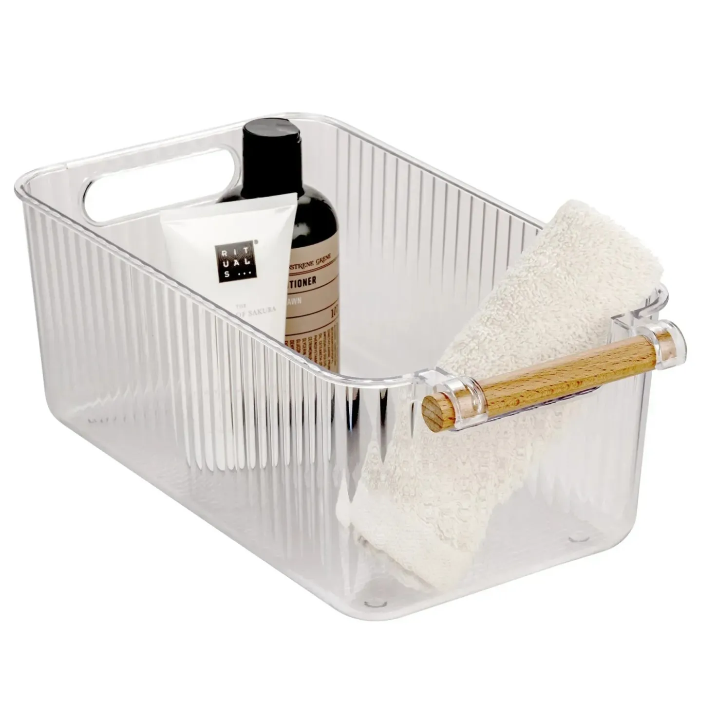 Set 3 contenitori bagno in PET Nantes con manico in legno FSC