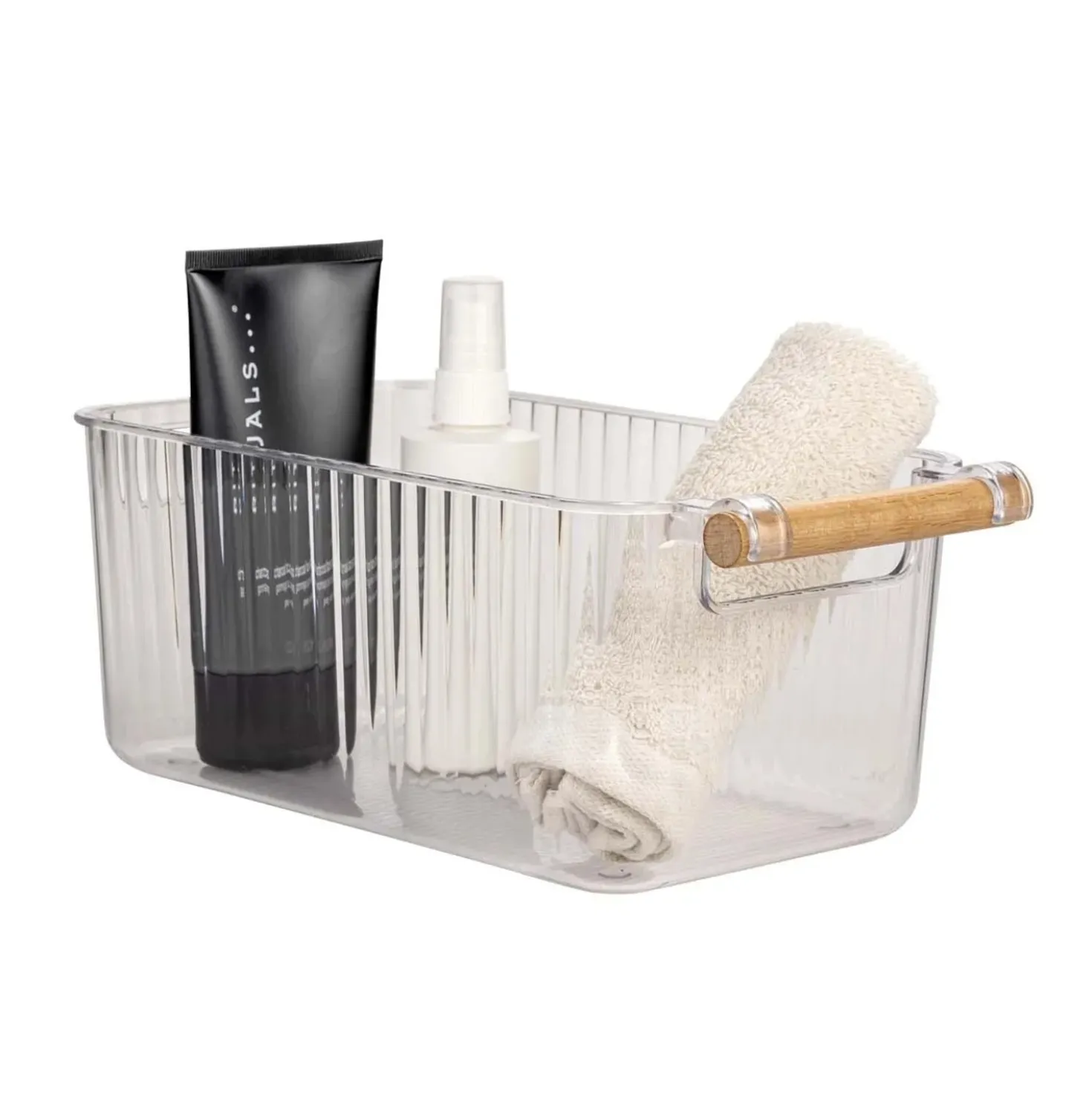 Set 3 contenitori bagno in PET Nantes con manico in legno FSC