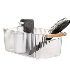 Set 3 contenitori bagno in PET Nantes con manico in legno FSC