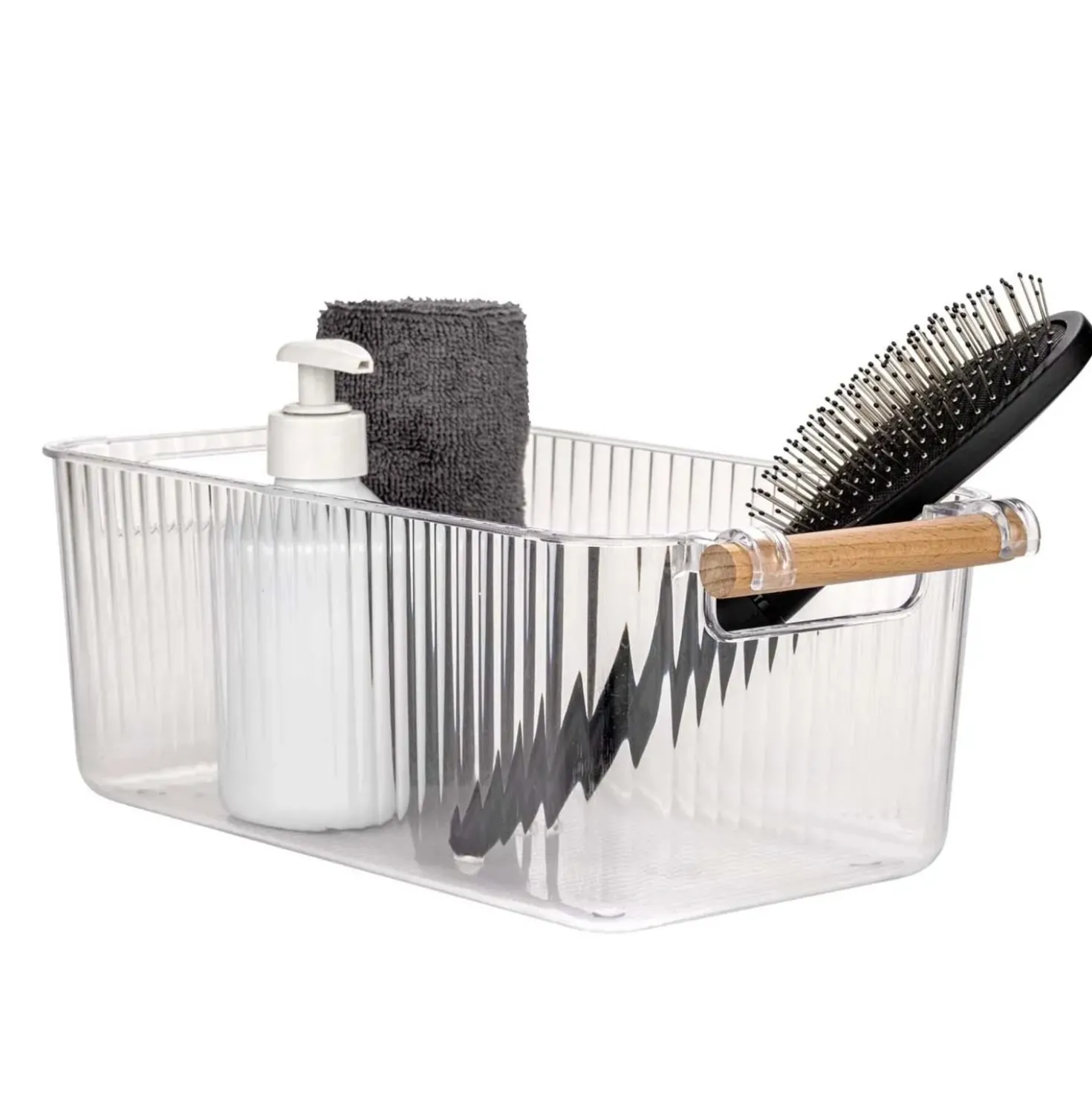 Set 3 contenitori bagno in PET Nantes con manico in legno FSC