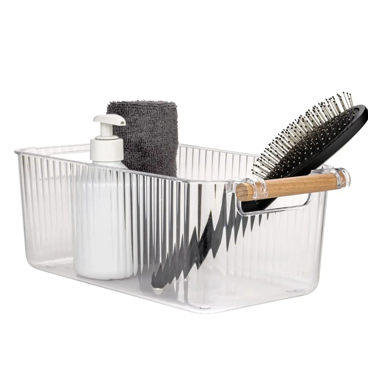Set 3 contenitori bagno in PET Nantes con manico in legno FSC
