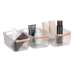 Set 3 contenitori bagno in PET Nantes con manico in legno FSC
