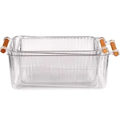 Set 3 contenitori bagno in PET Nantes con manico in legno FSC