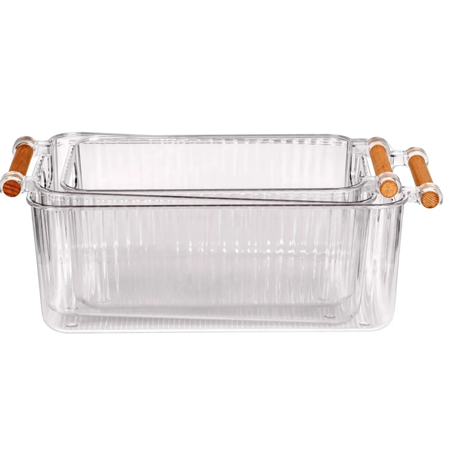 Set 3 contenitori bagno in PET Nantes con manico in legno FSC