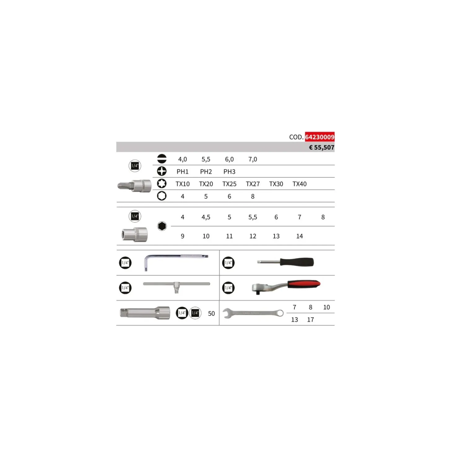 Set bussole e accessori 1/4" Krino con chiavi combinate in valigetta 40 pz