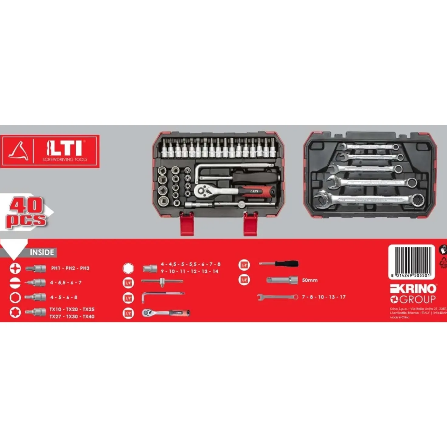 Set bussole e accessori 1/4" Krino con chiavi combinate in valigetta 40 pz
