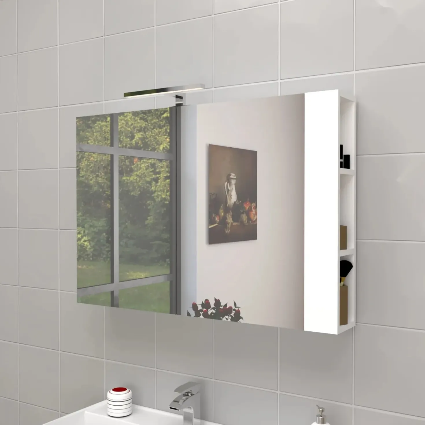 Specchio contenitore bagno a 2 ante e mensole unilaterali 680x1100x150 cm bianco