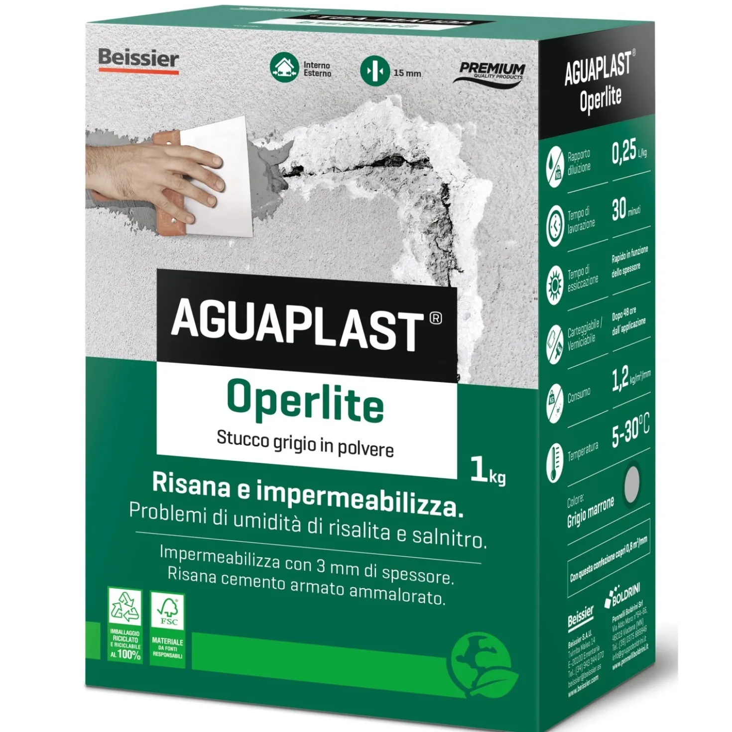 Stucco in polvere Aguaplast Operlite impermeabile risanante 1 kg grigio