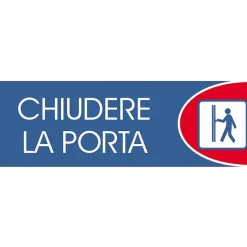Targhetta adesiva "Chiudere la porta" in propilene metallizzato 6 x 18 cm