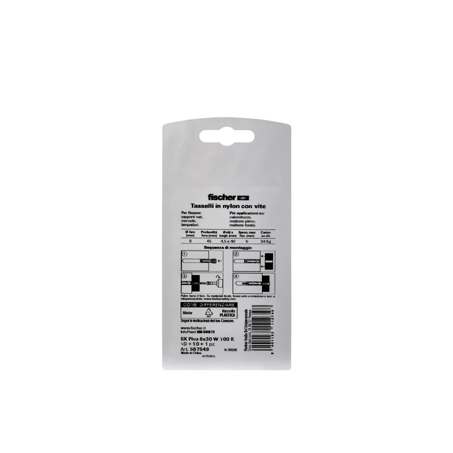 Tassello a espansione in nylon Fischer SX Ø 6 mm 10 pz