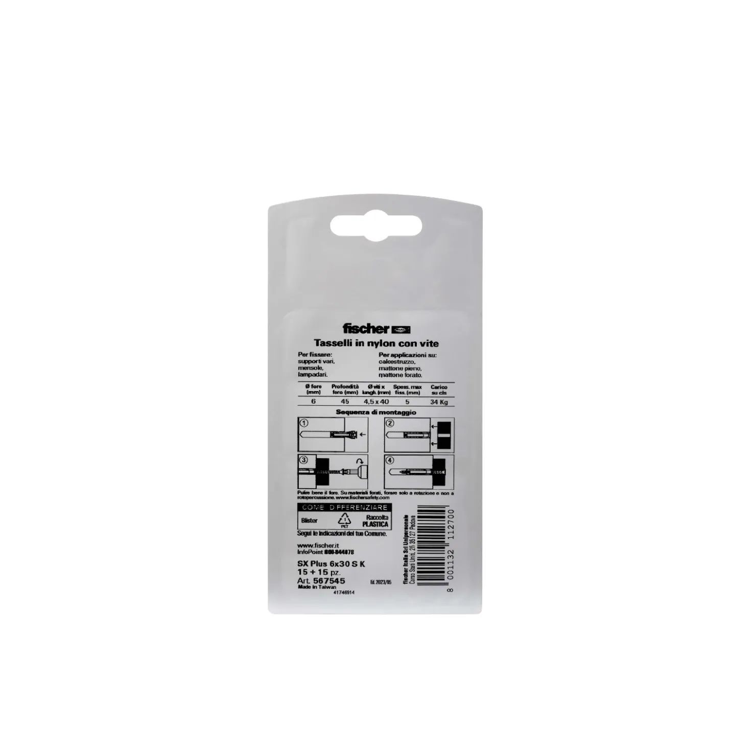 Tassello a espansione in nylon Fischer SX Ø 6 mm 15 pz