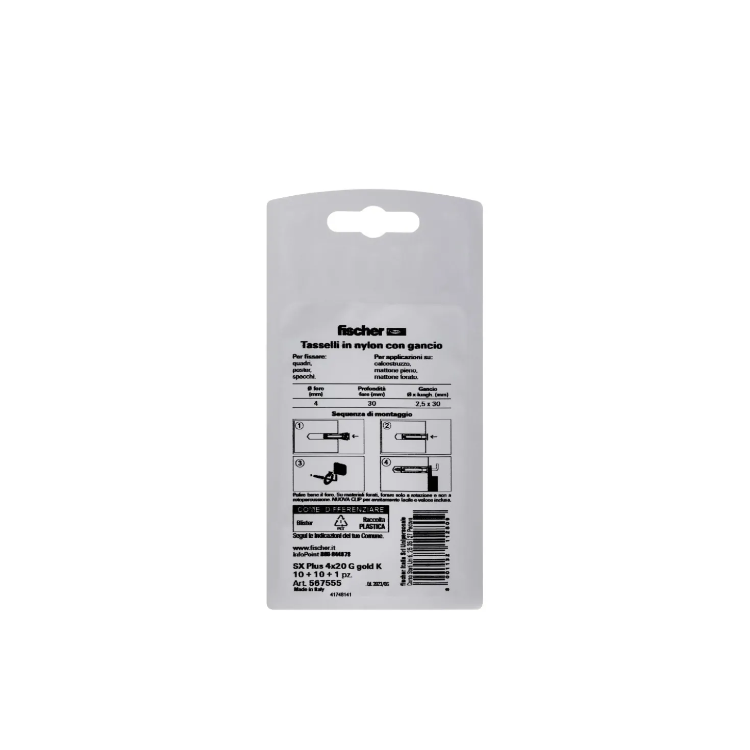 Tassello a espansione in nylon Fischer S Ø 4 mm 10 pz