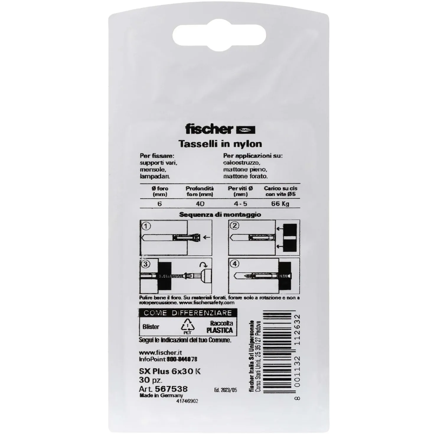 Tassello a espansione in nylon Fischer SX Ø 6 mm 30 pz