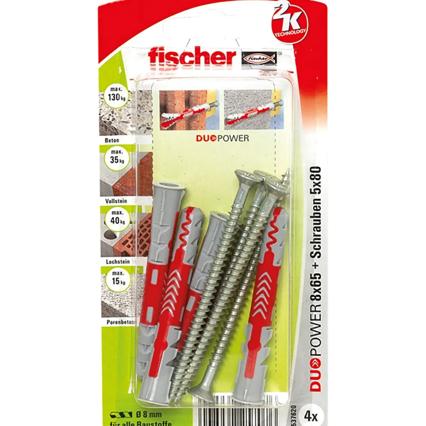 Tassello Fischer Duopower 8 x 65 S K con vite 4 pz ciascuno