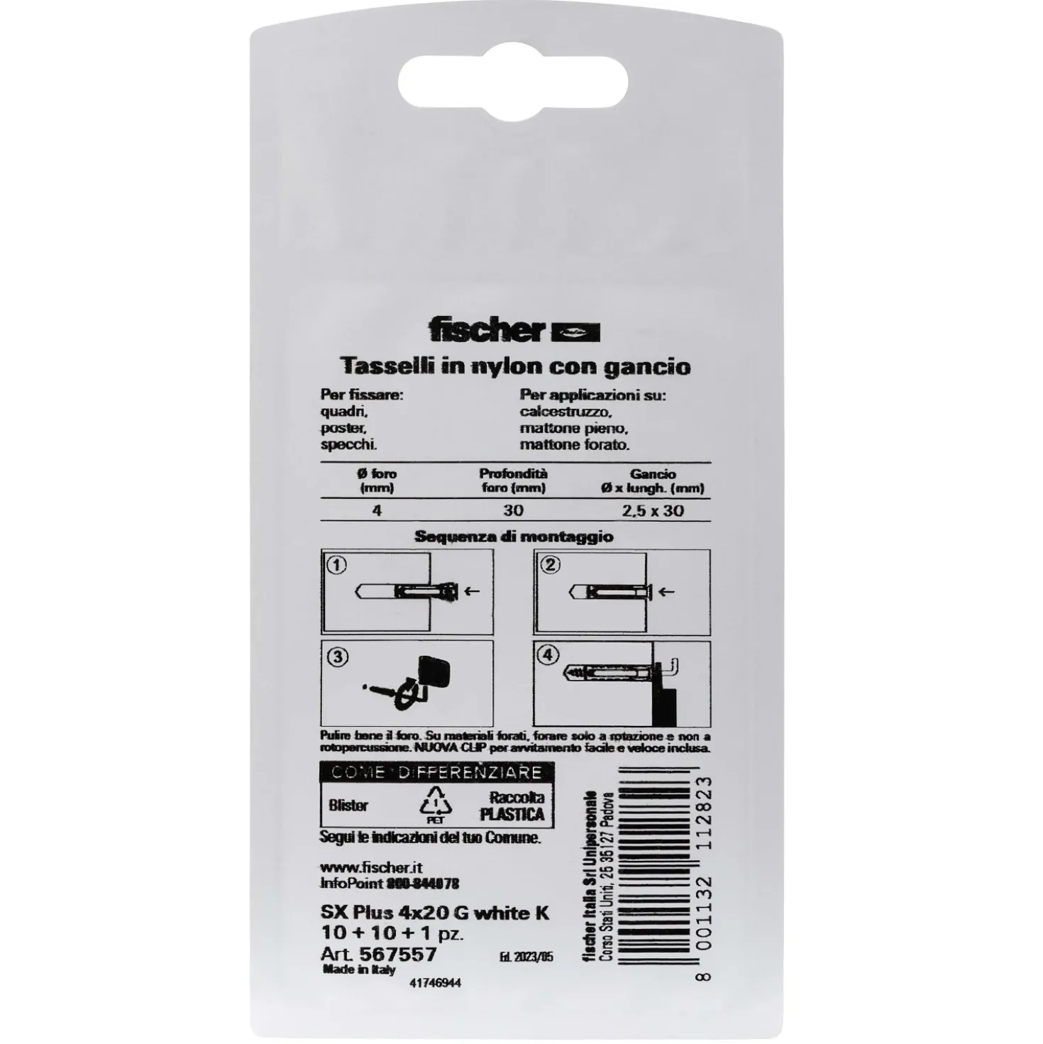 Tassello universale Fischer SX Ø 4 mm 20 pz