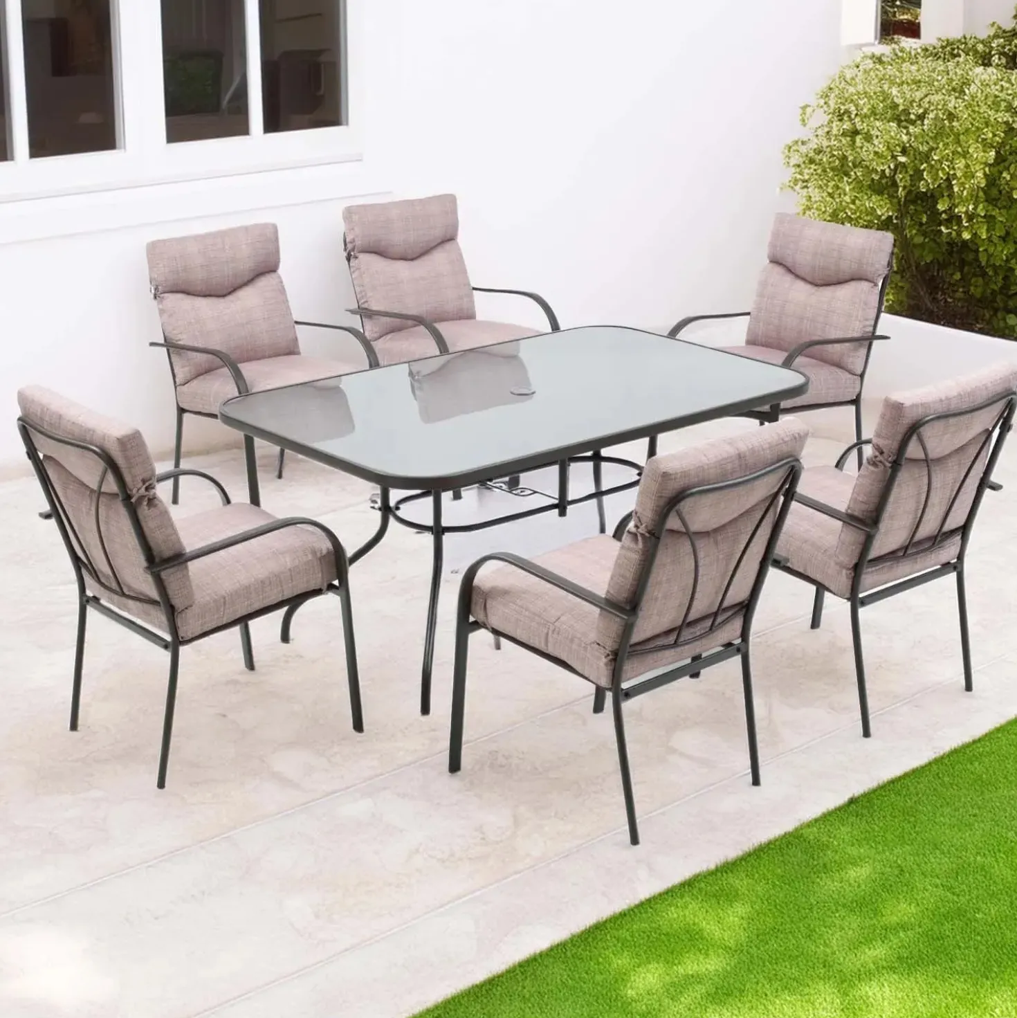 Tavolo e sedie da giardino Madagascar in ferro con cuscini beige 6 posti