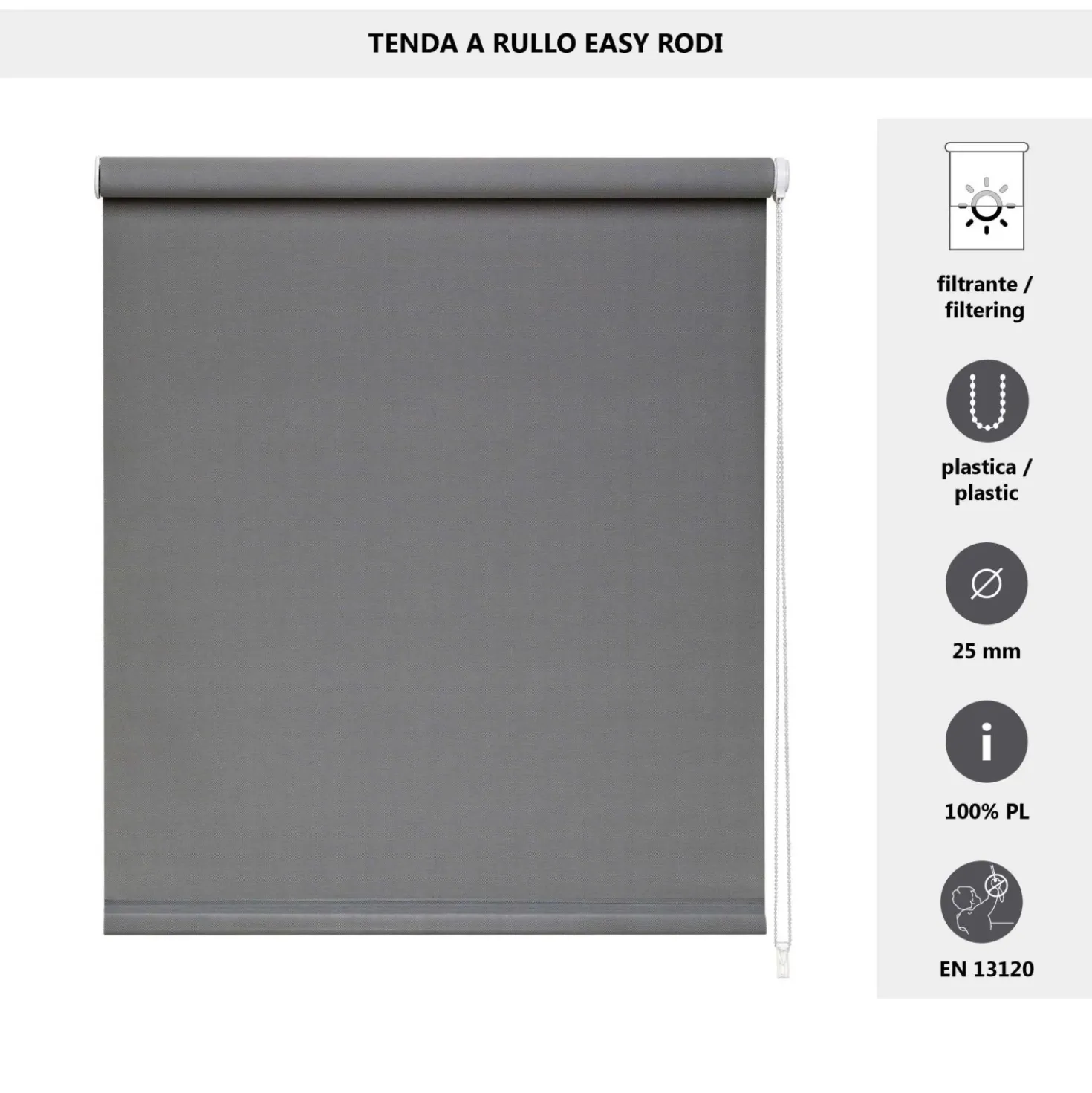 Tenda a rullo semifiltrante Rodi L 60 x H 252 cm grigio scuro