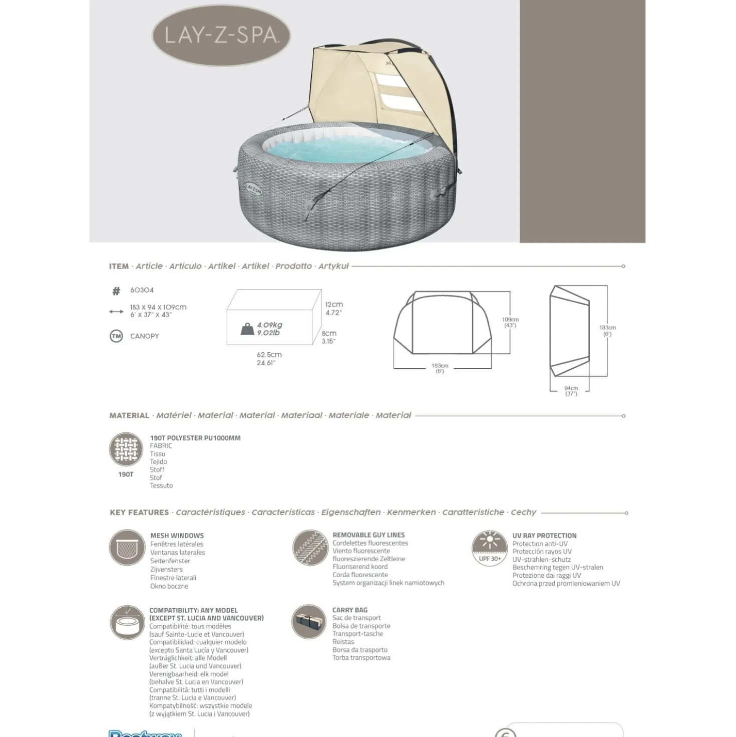 Tettuccio per piscina Lay-Z-Spa Bestway