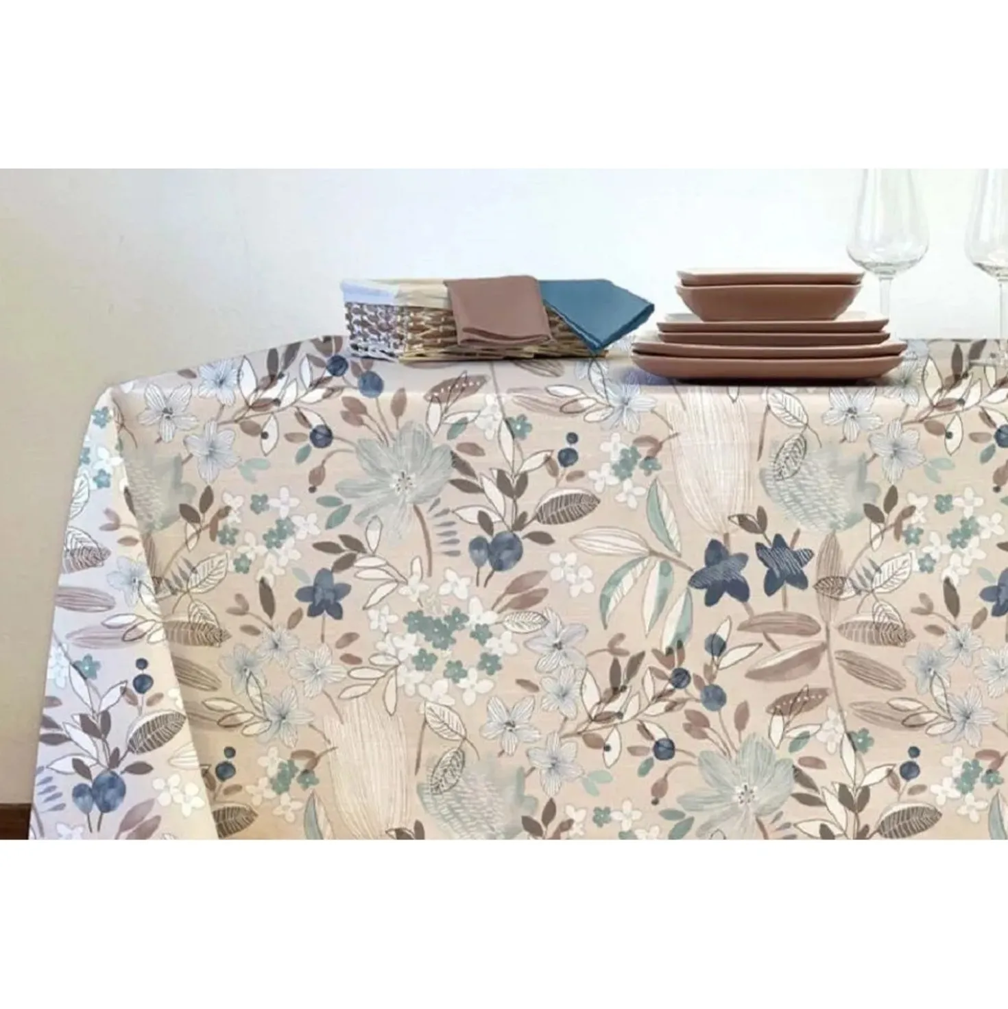 Tovagliato al metro Half Panama Resinato 140x20 m Fiore Beige Ottanio