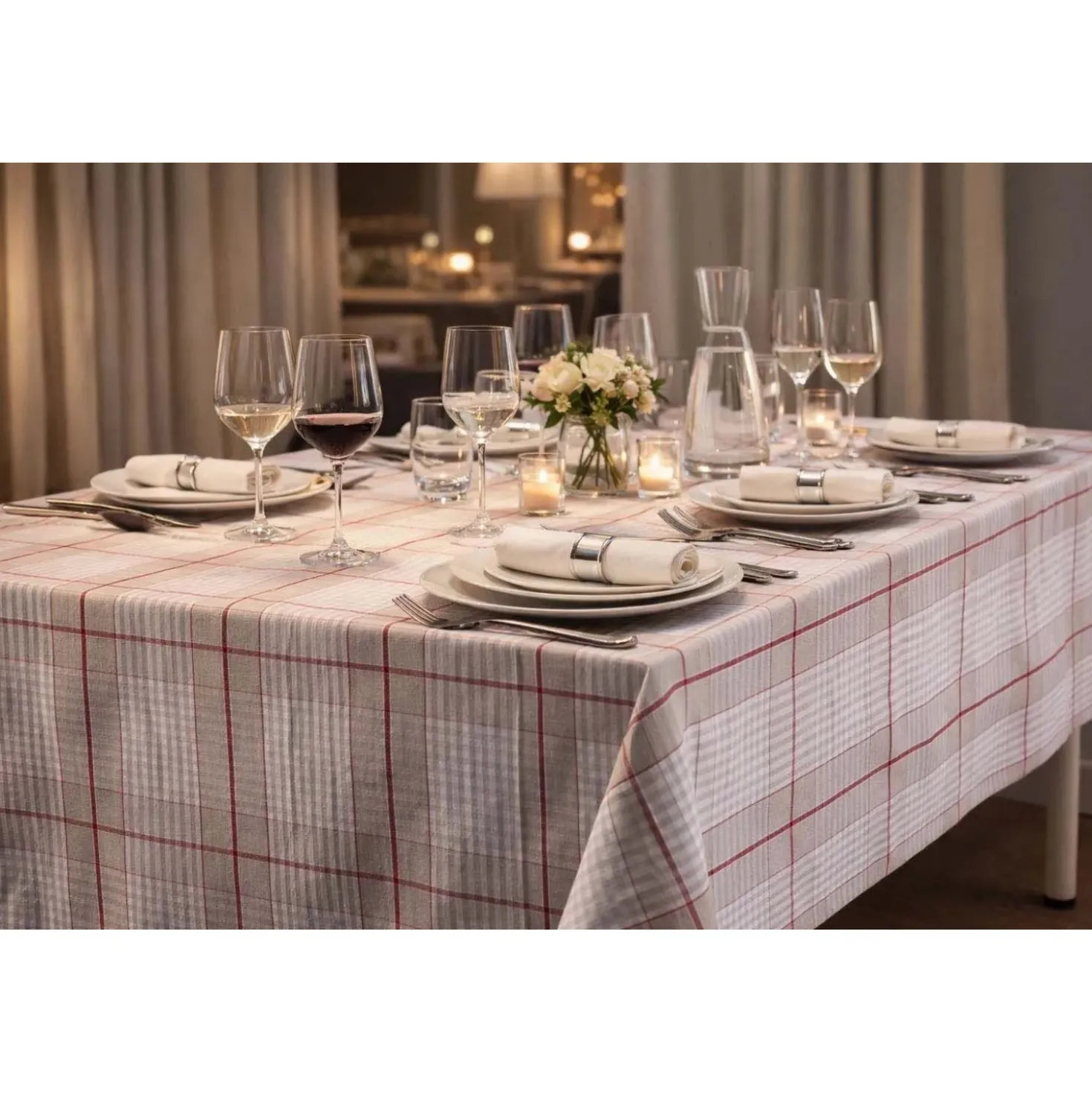 Tovagliato al metro tinto in filo poliestere/cotone 140x20 m tartan beige rosso