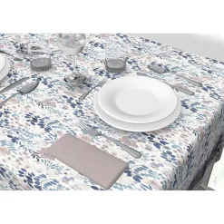 Tovagliato cotone antimacchia resinato H 140 cm x L 20 m Fiori blu beige
