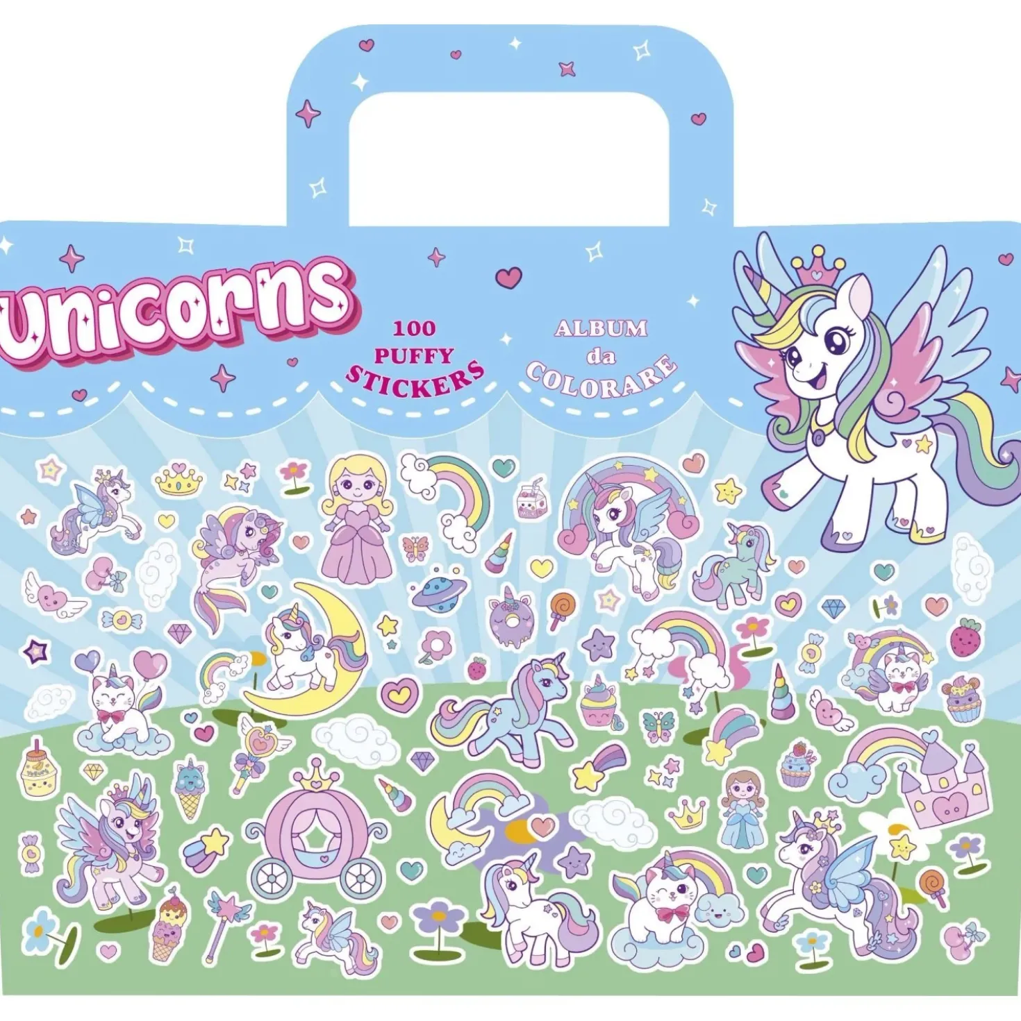 Valigetta Unicorni con album da colorare e 100 stickers 3D attacca-stacca