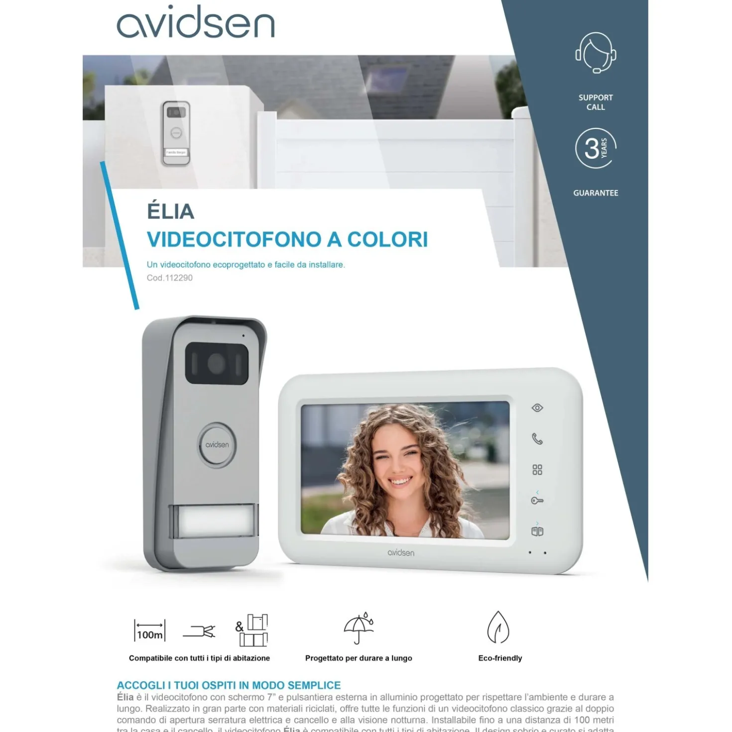 Videocitofono Monofamiliare 2 fili Schermo 7" a colori Avidsen Elia 112290